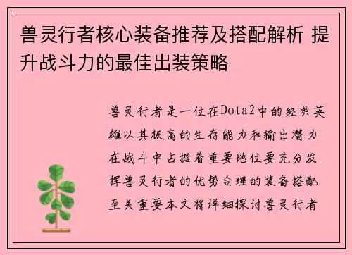 兽灵行者核心装备推荐及搭配解析 提升战斗力的最佳出装策略