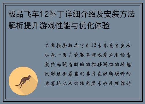 极品飞车12补丁详细介绍及安装方法解析提升游戏性能与优化体验
